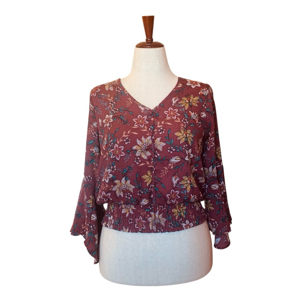 Kaii Los Angeles Floral V-Neck Brown‎ Burgandy Blouse Bell Sleeves Boho Top Sz L
